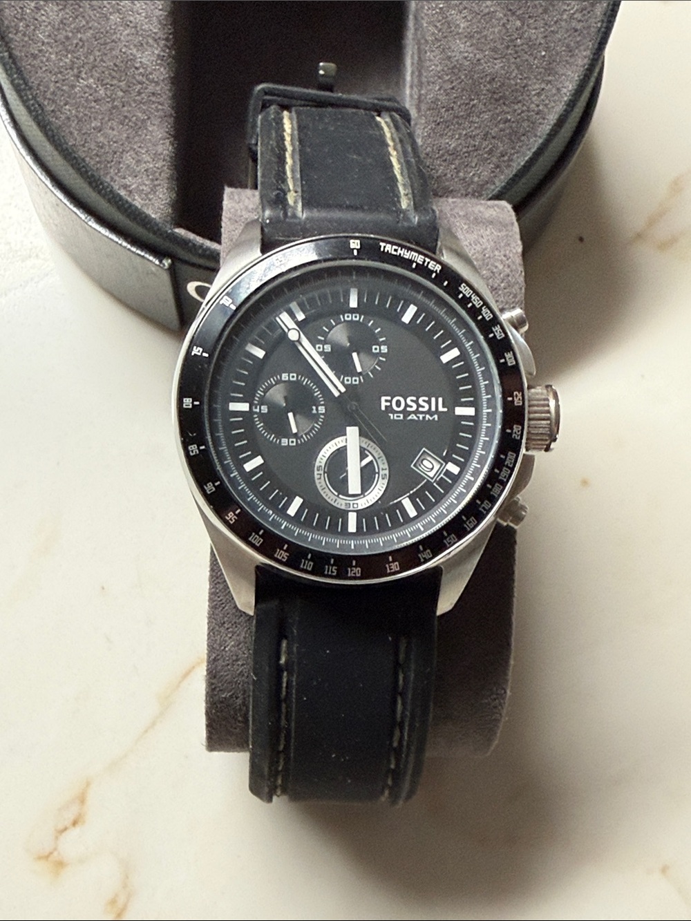 Fossil Black Stainless Steel Chronograph Watch with Black Leather Strap